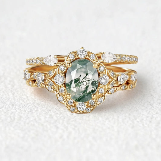 Unique Oval Cut Moss Agate Cluster Engagement Ring Set 3pcs