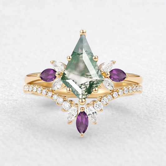 Butterfly Fairy - Unique Kite Cut Moss Agate & Amethyst Engagement Ring Set 2pcs