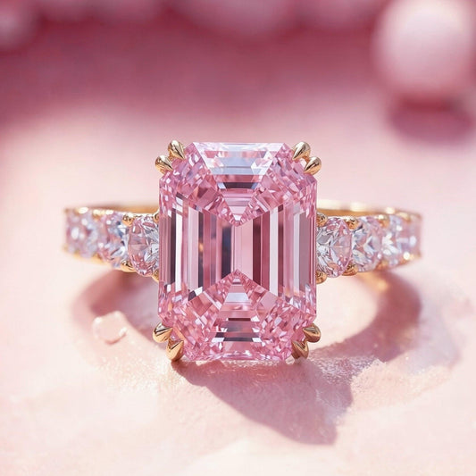 Elena's Oath | 3CT Green Emerald Cut Pink Glasshouse Ring.