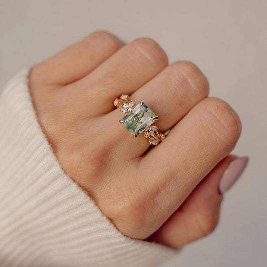 Nature Inspired Emerald Cut Moss Agate Engagement Ring.