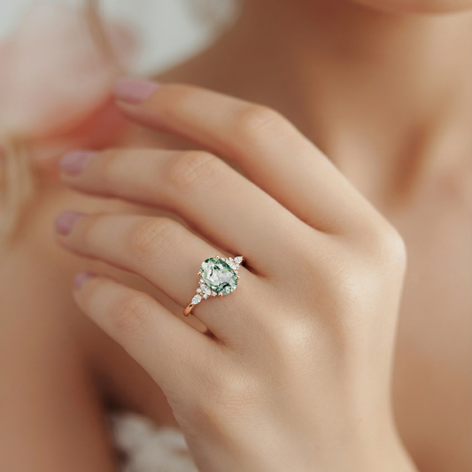 Oval Cut Moss Agate Classic Engagement Ring
