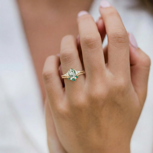 Natural Oval Cut Moss Agate & Lab Emerald Engagement Ring Sets 2pcs