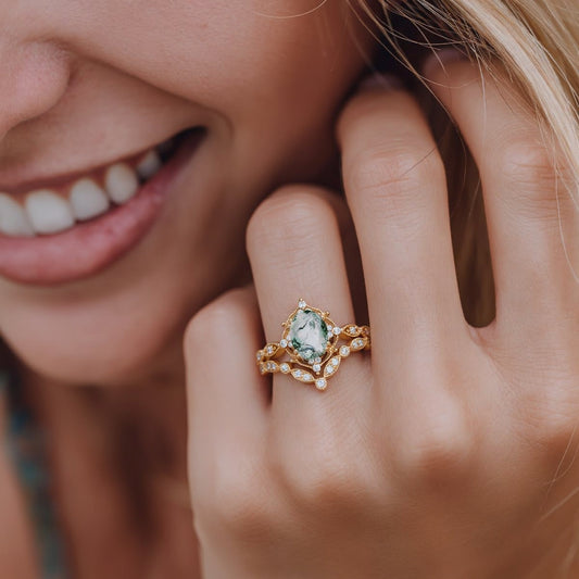 Brynn Oval Moss Agate & Moissanite Classic Ring Set 2pcs