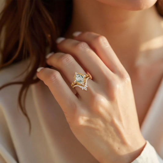 Soren Oval Cut Vintage Moss Agate Engagement Ring Set 2pcs