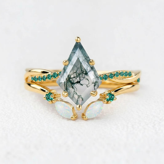 Isadora’s Mosaic | Kite Cut Moss Agate, Emerald & Opal Bridal Set 2pcs