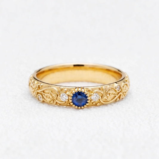 Ivy’s Cove | Blue Sapphire & Diamond Ivy Leaf Wedding Band.