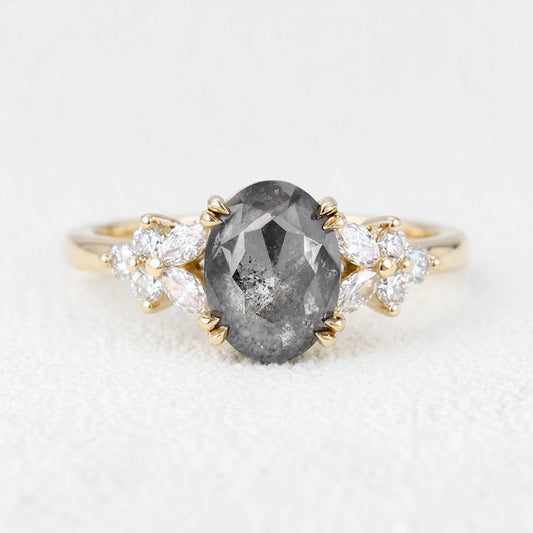 Isadora’s Bloom | 1CT Vintage Oval Salt & Pepper Diamond Cluster Engagement Ring