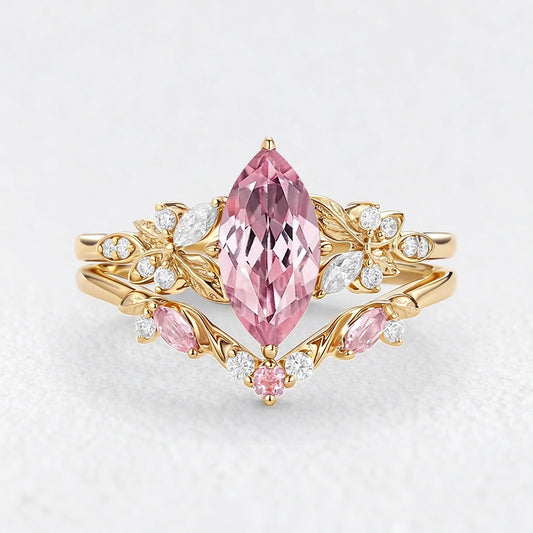 Peony's Bloom | Marquise Pink Sapphire Bridal Set 2pcs