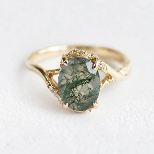 Mirelle's Glade | Oval Moss Agate Engagement Ring.