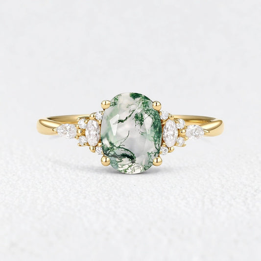 Sylvie’s Dew | Classic Oval Moss Agate Engagement Ring with Diamond Accents