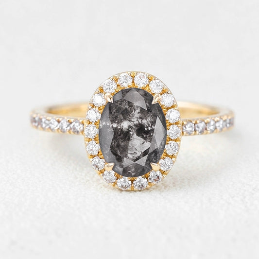 Isadora’s Essence | 1CT Oval Salt & Pepper Diamond Halo Pavé Engagement Ring