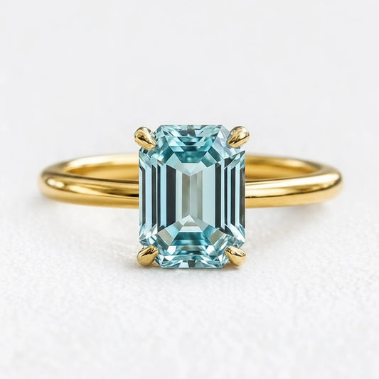 Celia’s Lodestar | 3CT Emerald Cut Aqua Sapphire Solitaire Engagement Ring