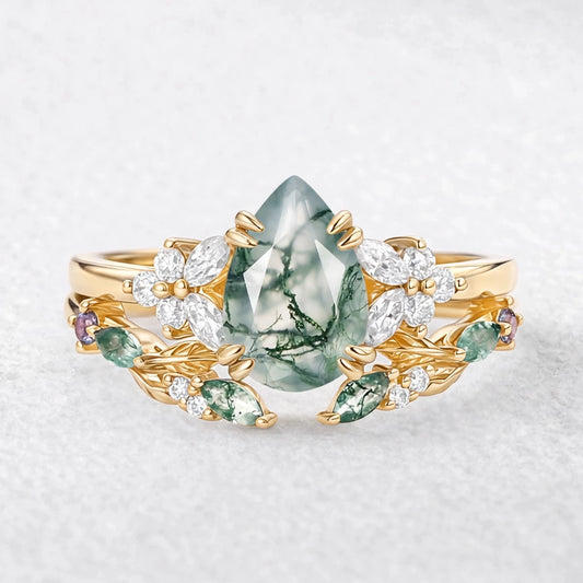 Chloris Pear Shaped Moss Agate Leafy Chevron Gold Ring Set 2pcs