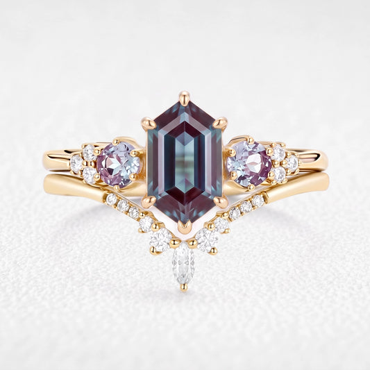 Sylvieâs Frond | Hexagon Cut Alexandrite Cluster Chevron Bridal Set 2pcs
