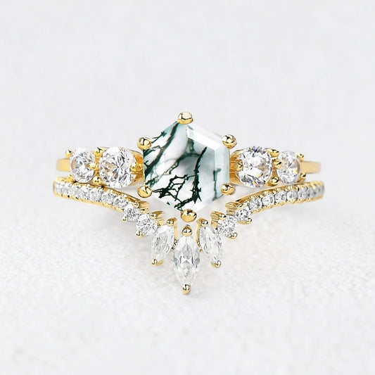 Genevieve’s Imprint | Hexagon Cut Moss Agate Cluster Bridal Duo