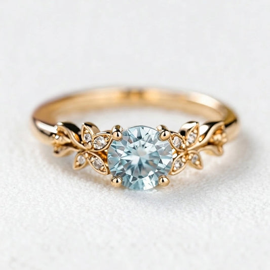Marina’s Foliage | Round Blue Aquamarine Leafy Engagement Ring.