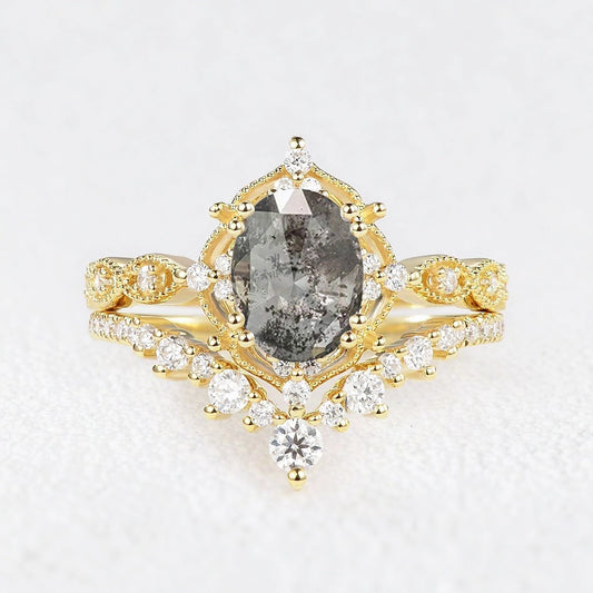 Charlotte’s Grace | 1.5CT Oval Salt & Pepper Diamond Vintage Bridal Set 2pcs