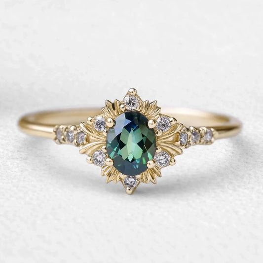 Rosalind‘s Bloom | Oval Cut Green Moissanite Halo Engagement Ring.