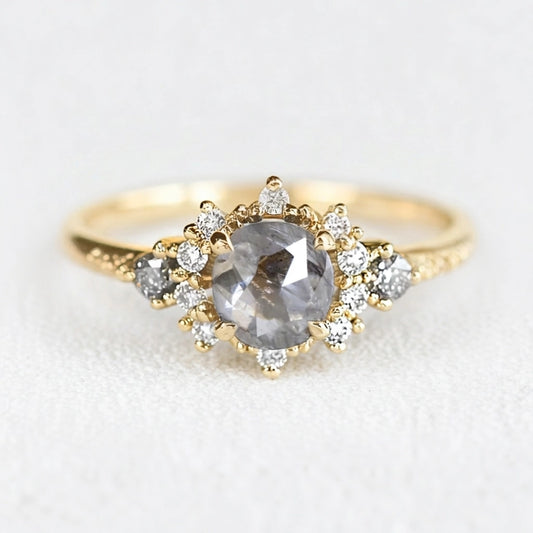 Juliet’s Jubilee | Vintage Sunflower Salt & Pepper Diamond Gold Engagement Ring.