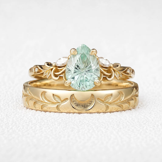 Selene’s Grove | Pear Green Sapphire & Moon Phase Couple Ring Set