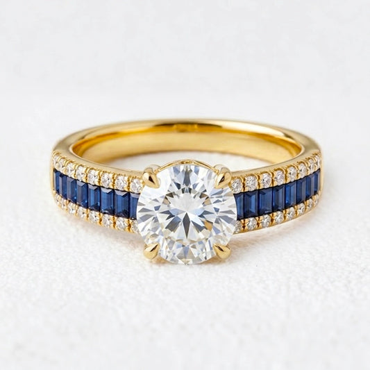 Aurora's Tide | 1CT Round Diamond & Blue Baguette Engagement Ring