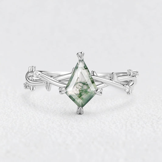Bramble Minimalist Kite Cut Moss Agate Leafy Engagement Ring