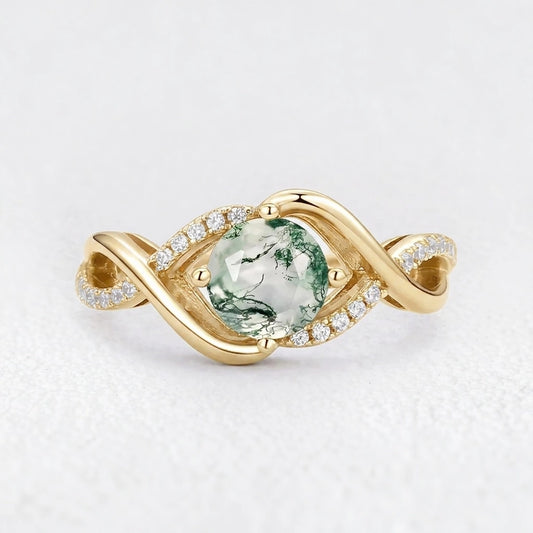 Classic Infinity Round Cut Moss Agate Engagement Ring.