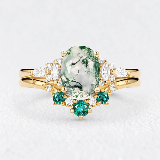 Seraphina’s Harmony | Oval Moss Agate & Lab Emerald Bridal Duo