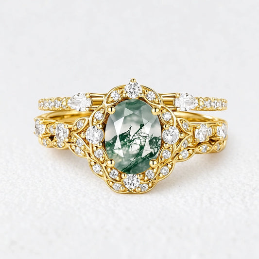Alexandra’s Heritage | Oval Moss Agate Cluster Bridal Trilogy