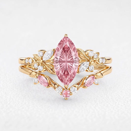 Peony’s Bloom | Fantasy-Cut Marquise Pink Sapphire Bridal Set 2pcs
