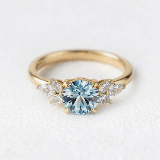 Selene’s Whisper | 1CT Round Cut Blue Sapphire Cluster Engagement Ring