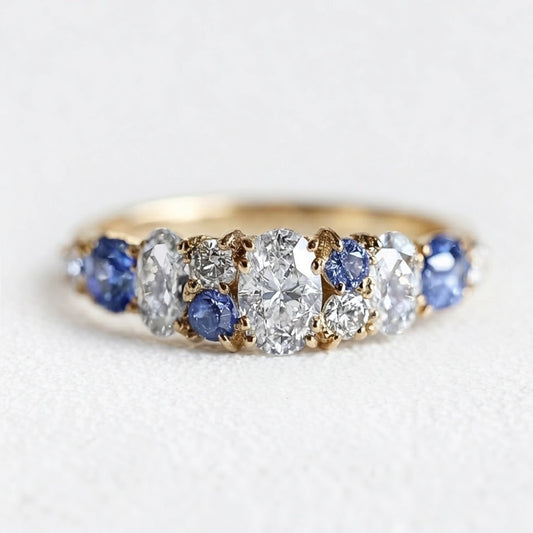 Cordelia’s Keepsake | Thistle Blue Sapphire & Moissanite Half‑Eternity Ring