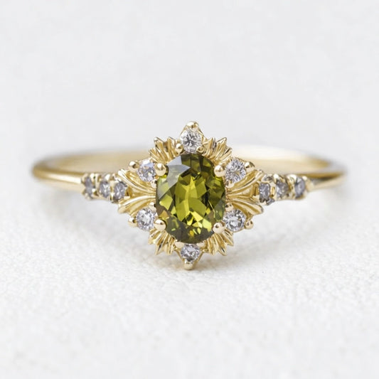 Rosalind’s Amber | 1CT Oval Cut Olive Yellow Sapphire Halo Engagement Ring