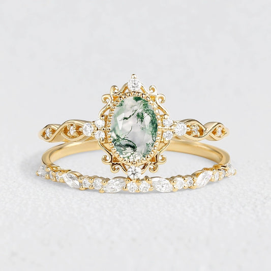Marguerite’s Garland | Oval Moss Agate Vintage Bridal Set 2pcs
