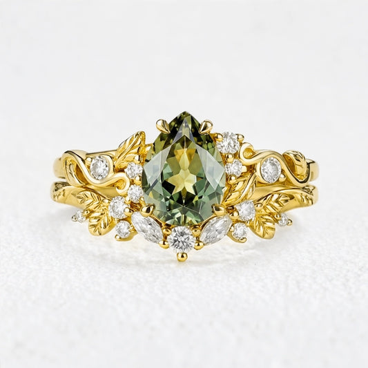 Sylvie’s Vine | Vintage Green Sapphire & Leaf Bridal Set 2pcs