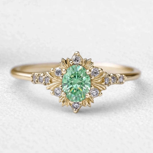 Isolde’s Enchantment | Vintage Oval Green Sapphire Halo Engagement Ring