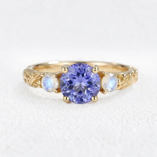 Selene’s Deep | Round Tanzanite & Moonstone Cluster Ring