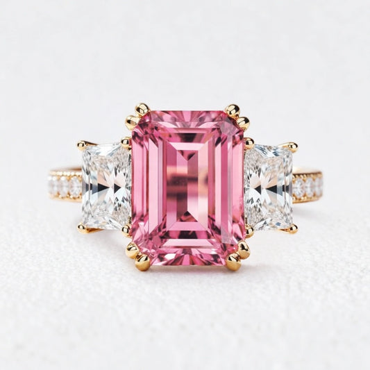 Cleo's Romance | 3CT Emerald Cut Pink Sapphire Engagement Ring