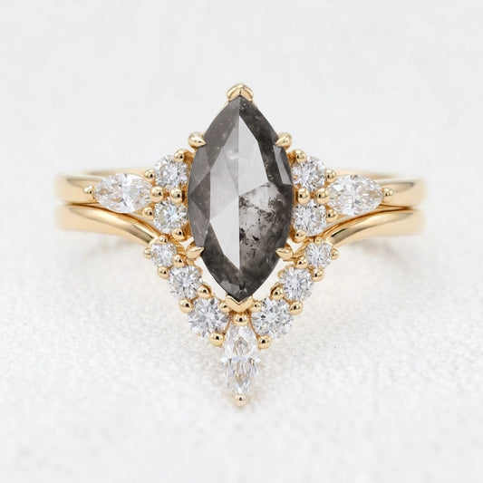 Isadora's Reverie | 1CT Marquise Cut Salt & Pepper Diamond Vintage Bridal Set 2pcs