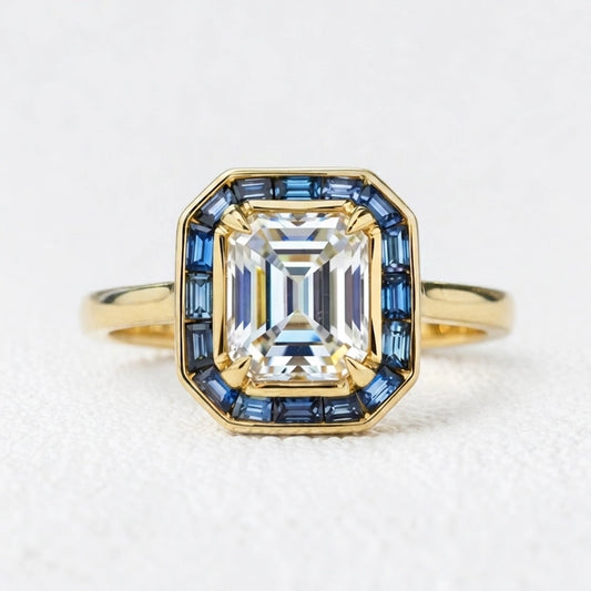 Iris‘s Breeze | 1CT Emerald Cut Halo Moissanite Ring.