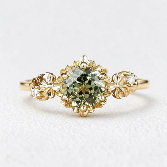 Sylvie’s Blossom | Round Green Sapphire Floral Engagement Ring