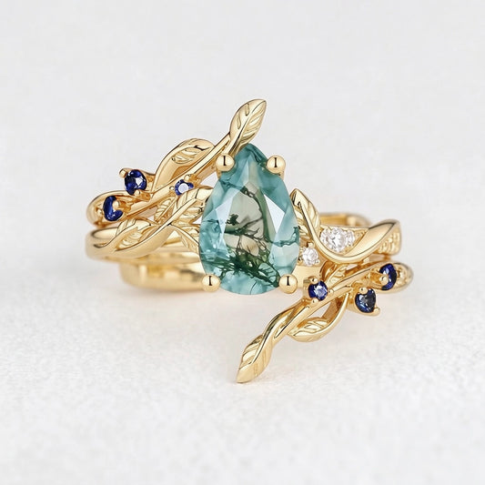 Cressida’s Companion | Moss Agate & Sapphire Engagement Enhancer Ring Set 2pcs.