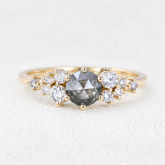 Isadora’s Solstice | Round Salt & Pepper Diamond Cluster Engagement Ring