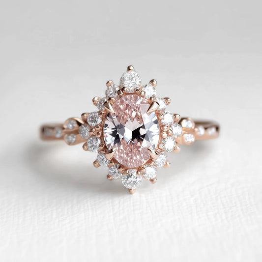 Lyra’s Halo | 1CT Oval Cut Pink Sapphire Halo Engagement Ring.
