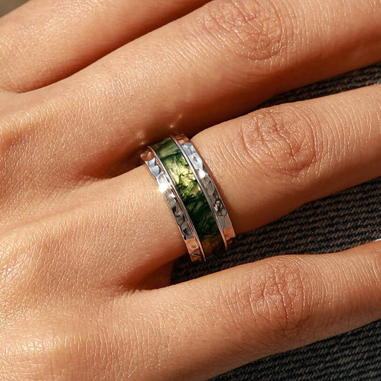 Bold Hammered Sterling Silver Moss Agate Statement Band Ring