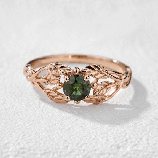 Scarlett’s Laurel | Round Red Sapphire Solitaire with Laurel Leaves Engagement Ring.
