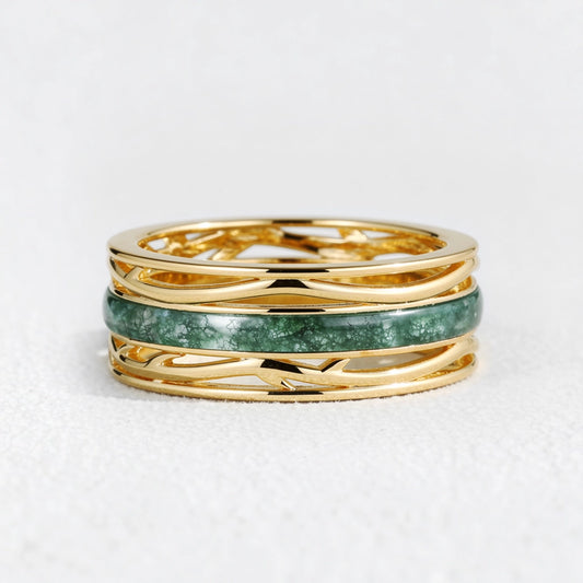 Odin’s Dominion | 8MM Moss Agate Men’s Ring with Openwork Branch Sides.