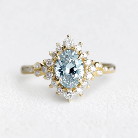 Theia’s Tide | Oval Pink Aquamarine Halo Engagement Ring.