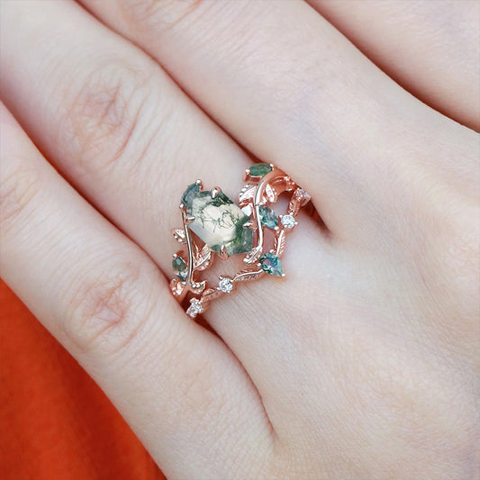 Daphne Moss Agate Hexagon Vine Emerald Engagement Ring Set 2pcs