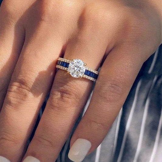 The Ocean Aurora | 1 Carat Round Moissanite & Blue Baguette Ring.